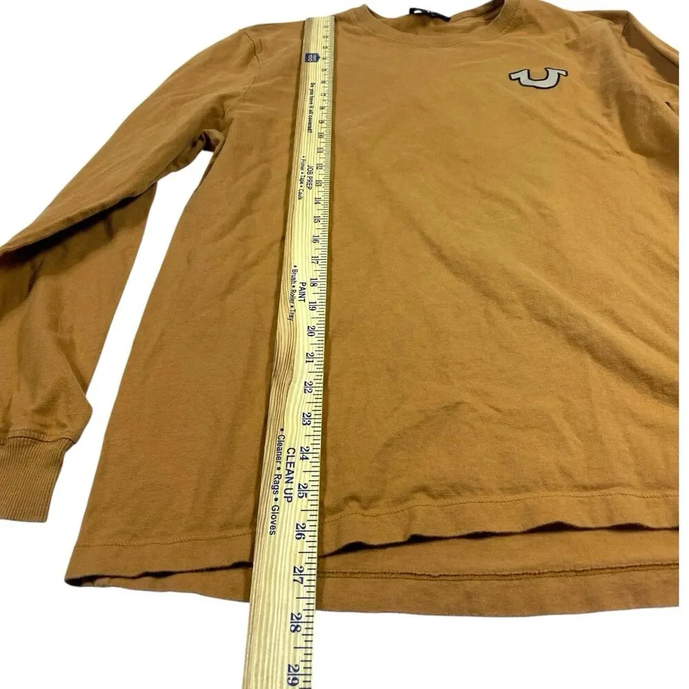 True Religion T Shirt Mens LARGE Orange Long Sleeve Crew Neck Graphic Print Logo